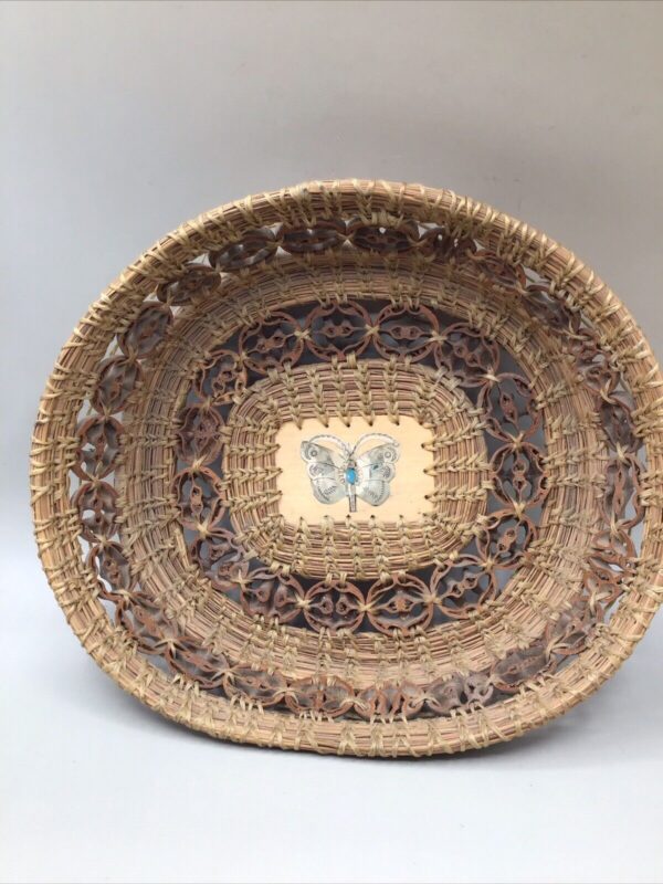 Vtg Woven Basket Carved Walnut Inlays Butterfly Applique Wall Art Decor 10” long - Image 2