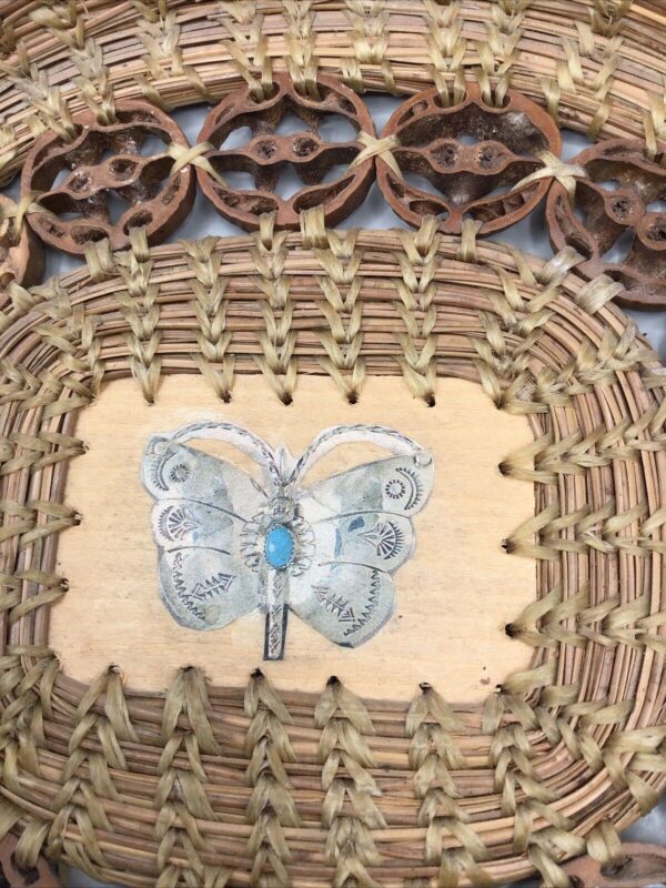 Vtg Woven Basket Carved Walnut Inlays Butterfly Applique Wall Art Decor 10” long - Image 3