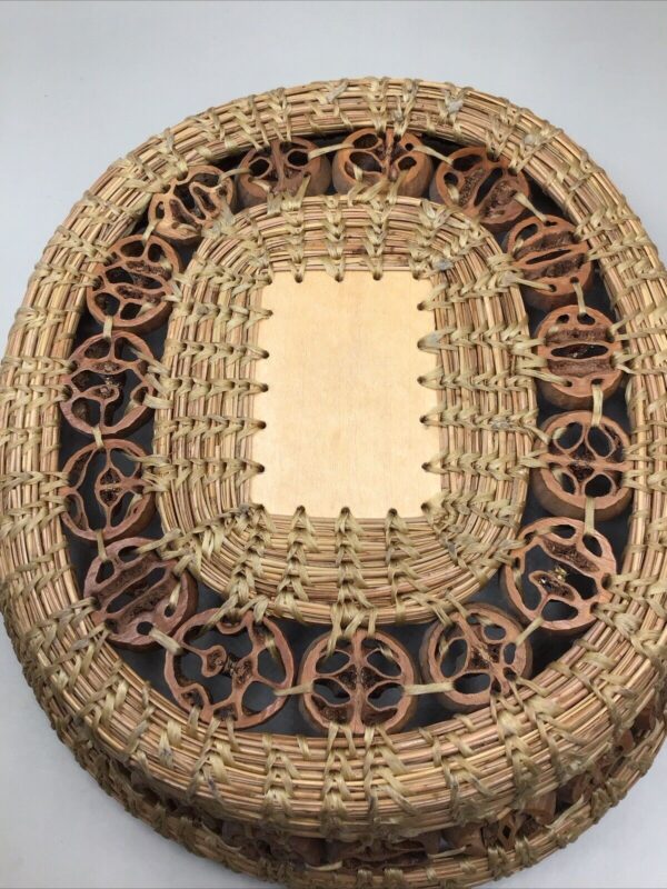 Vtg Woven Basket Carved Walnut Inlays Butterfly Applique Wall Art Decor 10” long - Image 4