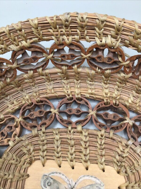 Vtg Woven Basket Carved Walnut Inlays Butterfly Applique Wall Art Decor 10” long - Image 5