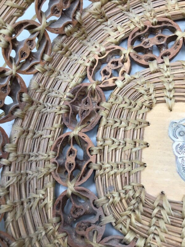 Vtg Woven Basket Carved Walnut Inlays Butterfly Applique Wall Art Decor 10” long - Image 6