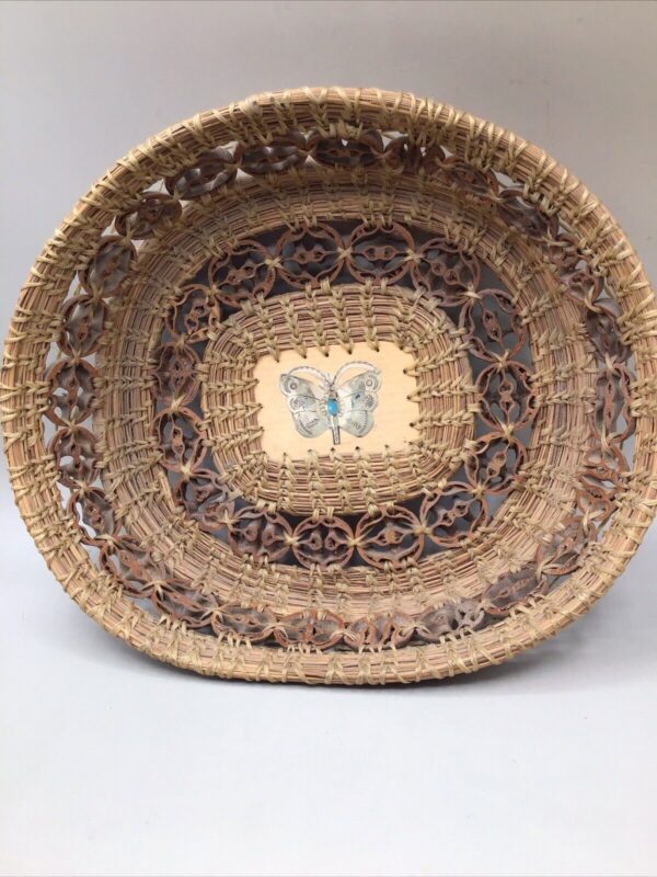 Vtg Woven Basket Carved Walnut Inlays Butterfly Applique Wall Art Decor 10” long