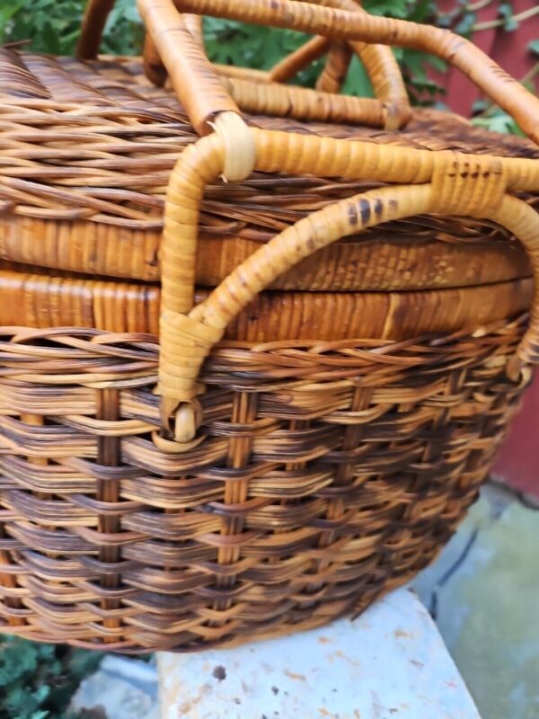 VTG Woven Wicker Rattan Bamboo Asian BOHO Picnic Storage Basket Purse PATINA - Image 2