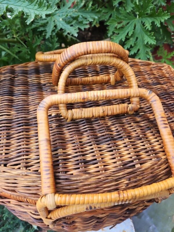 VTG Woven Wicker Rattan Bamboo Asian BOHO Picnic Storage Basket Purse PATINA - Image 4