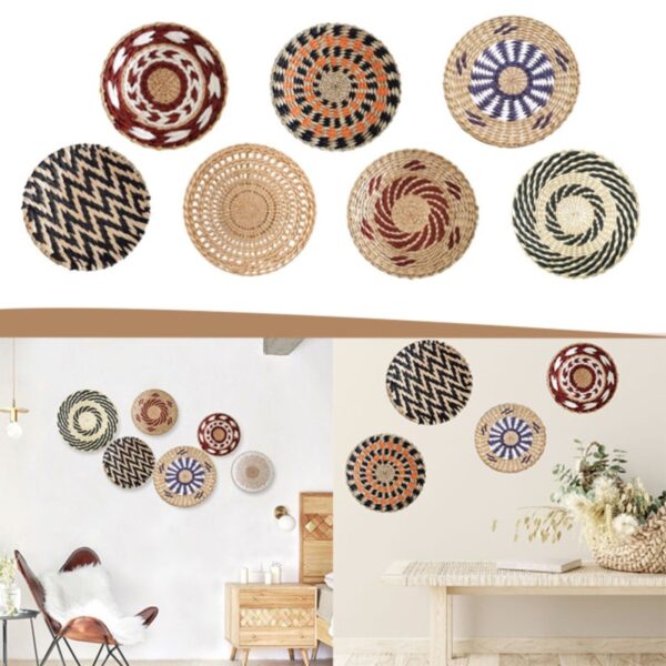 Wall Basket Boho Wall Hanging Rattan Flat Round Wicker Woven For Home Ornaments