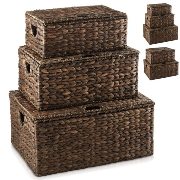 Water Hyacinth Storage Baskets with Lids, Rectangular Woven Wicker Tote Bins