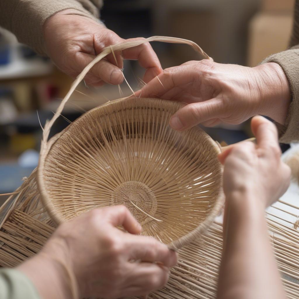 Weaving the sides of a basket using bare hands and natural fibers.