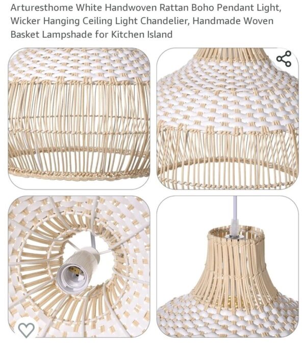 White Rattan Pendant Light, Wicker Hanging Ceiling Light Chandelier, 15.7x15x7