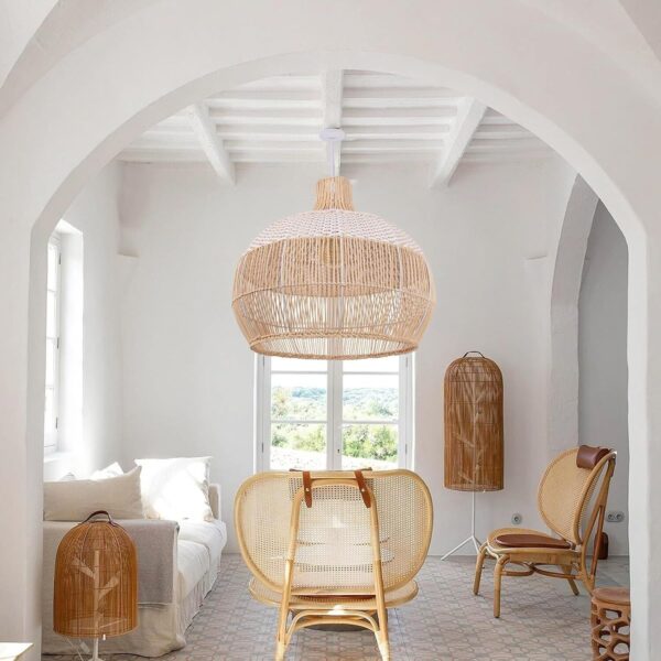 White Rattan Pendant Light Woven Rattan Lampshade Woven Hanging Ceiling Lighting - Image 5