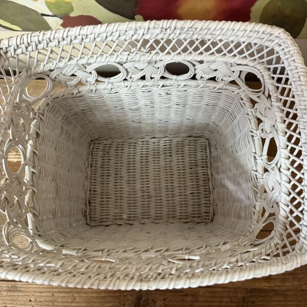 White Wicker Waste Paper Trash Basket Boho Beach Cottage - Image 2