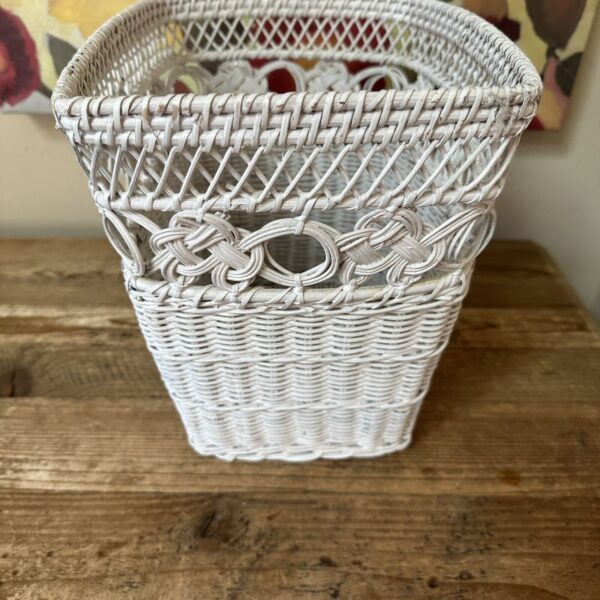 White Wicker Waste Paper Trash Basket Boho Beach Cottage - Image 3