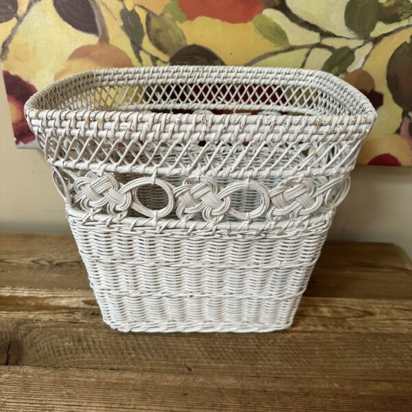 White Wicker Waste Paper Trash Basket Boho Beach Cottage - Image 4