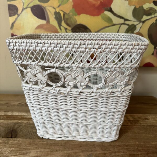 White Wicker Waste Paper Trash Basket Boho Beach Cottage