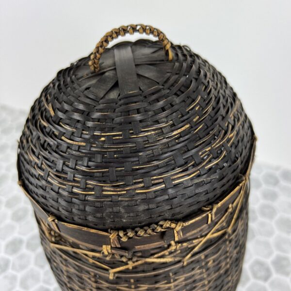 Wicker basket with lid black woven boho ethnic 13”t X 7”w - Image 2