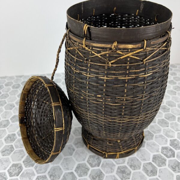 Wicker basket with lid black woven boho ethnic 13”t X 7”w - Image 3