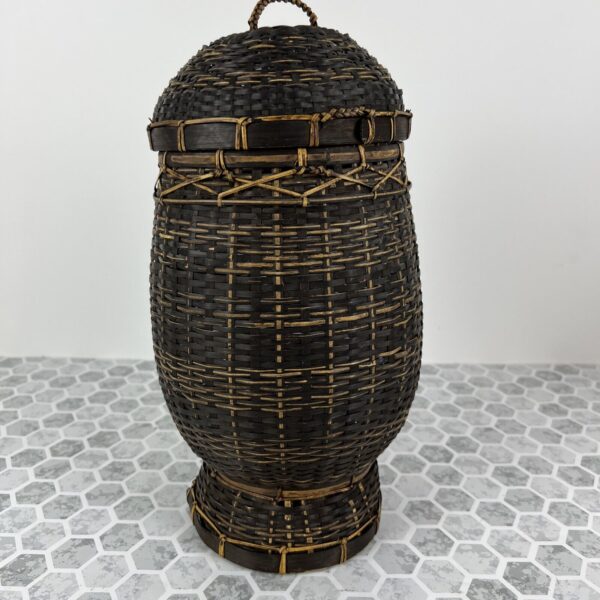 Wicker basket with lid black woven boho ethnic 13”t X 7”w