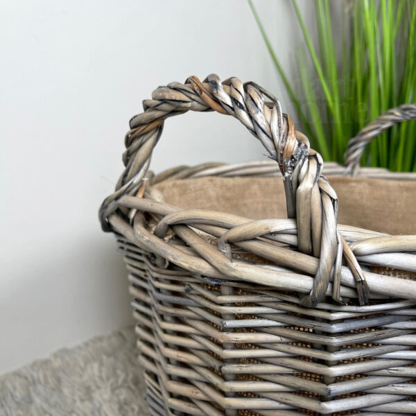 Wicker Lined Log Basket Classic Round Fireplace Storage Grey Woven Wood Handles - Image 3