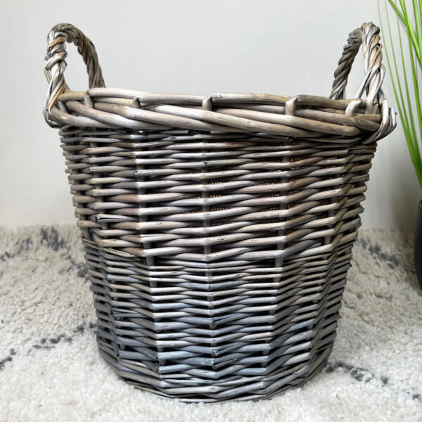 Wicker Lined Log Basket Classic Round Fireplace Storage Grey Woven Wood Handles - Image 5