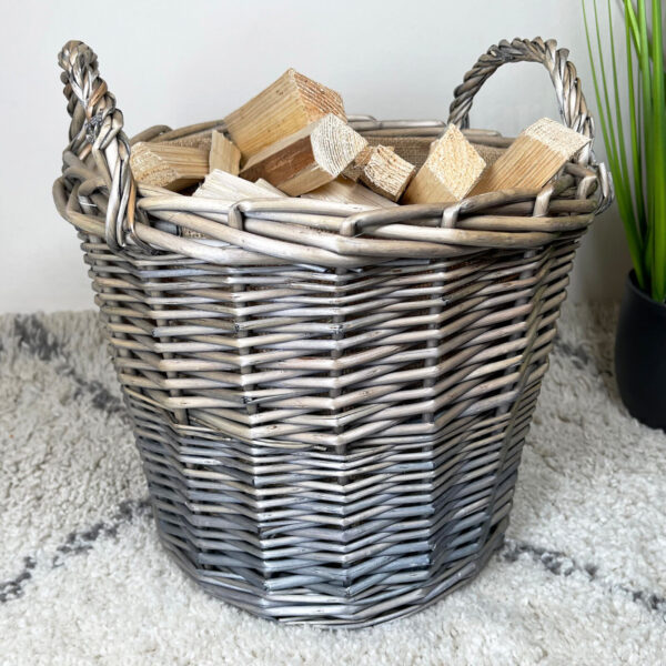 Wicker Lined Log Basket Classic Round Fireplace Storage Grey Woven Wood Handles