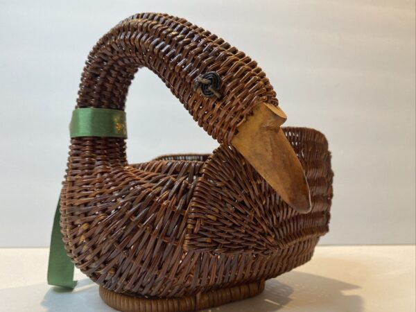 Wicker Rattan Woven Basket Swan Or Goose with Wooden Beak Handmade Boho Chic