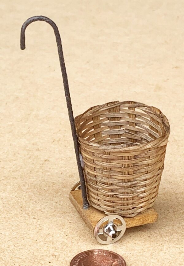 Wicker Shopping Trolley Basket On Metal Wheels Dolls House Miniature 1:12 Scale - Image 2