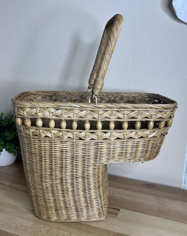 Wicker Stair Step Basket With Handle Wood Beads Boho Cottage Core 14" H X 17” - Image 2