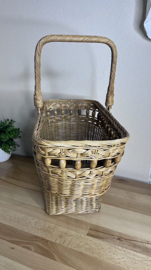 Wicker Stair Step Basket With Handle Wood Beads Boho Cottage Core 14" H X 17” - Image 3