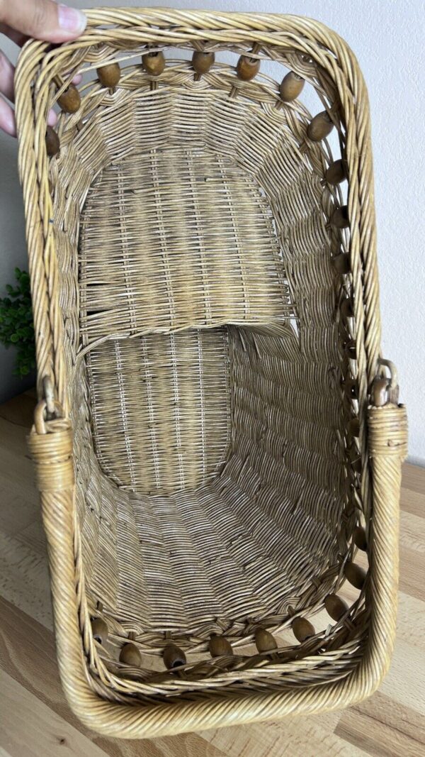 Wicker Stair Step Basket With Handle Wood Beads Boho Cottage Core 14" H X 17” - Image 4