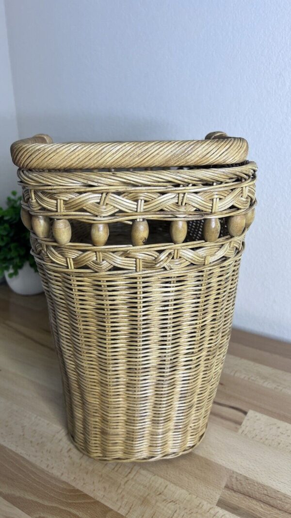 Wicker Stair Step Basket With Handle Wood Beads Boho Cottage Core 14" H X 17” - Image 6