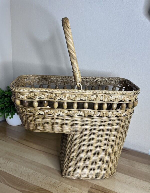 Wicker Stair Step Basket With Handle Wood Beads Boho Cottage Core 14" H X 17”