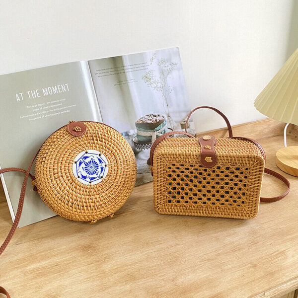 Wicker Woven Basket Bag Rattan Women Handbag Beach Straw Tote Crossbody Bag Boho