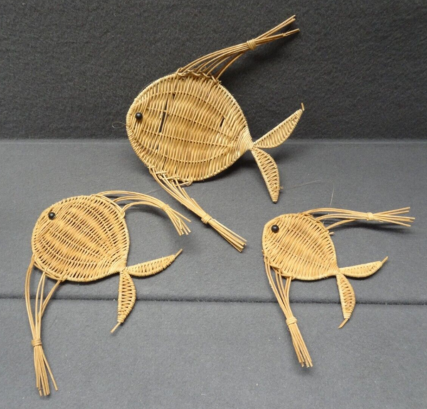 Wicker Woven Rattan Wall Hanging Fish Set of 3 Pcs Mobile MCM Beach Boho VTG