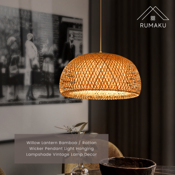 Willow Lantern Bamboo / Rattan Wicker Pendant Light Vintage Hanging Lampshade - Image 2