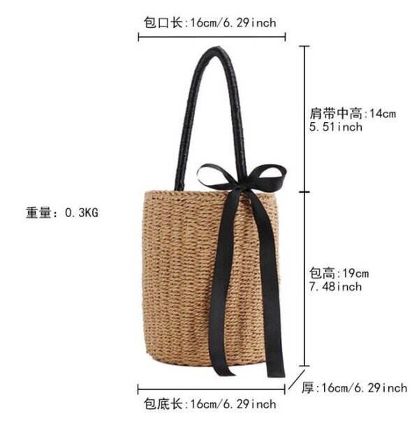 Women Bucket Straw Woven Bags Handbags Basket Round Wicker Vintage Beach Rattan - Image 2