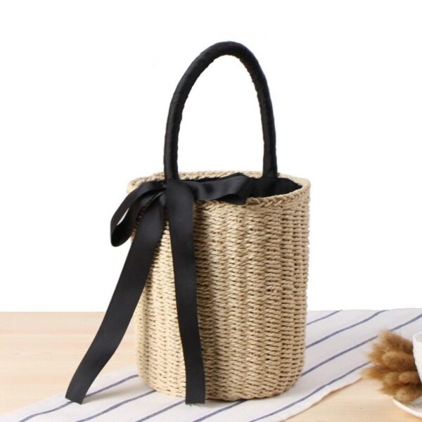 Women Bucket Straw Woven Bags Handbags Basket Round Wicker Vintage Beach Rattan - Image 3