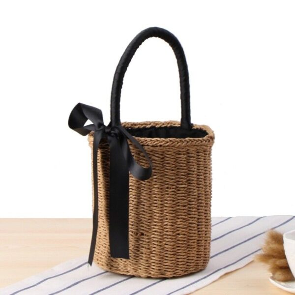 Women Bucket Straw Woven Bags Handbags Basket Round Wicker Vintage Beach Rattan