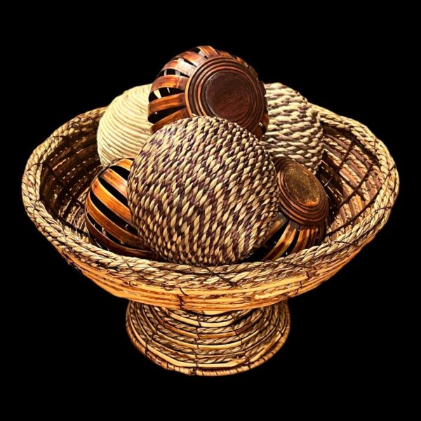 Wooden Boho Vintage Woven Basket With Set Of Six Decorating Wicker Rattan Balls - Image 2