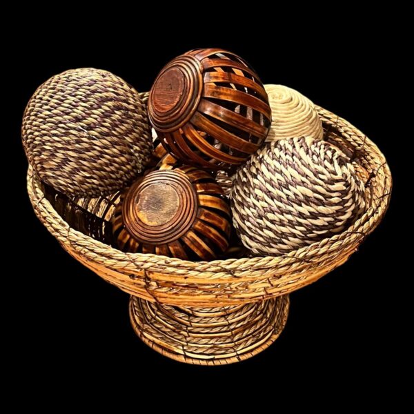 Wooden Boho Vintage Woven Basket With Set Of Six Decorating Wicker Rattan Balls - Image 3