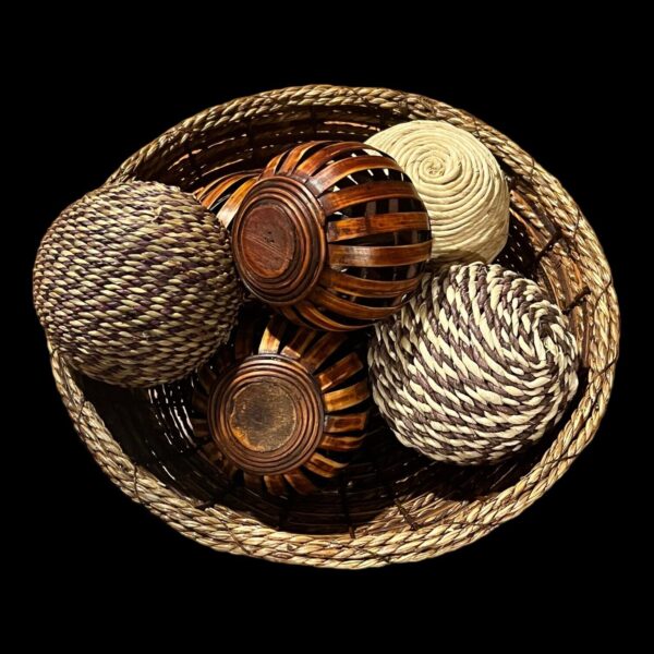 Wooden Boho Vintage Woven Basket With Set Of Six Decorating Wicker Rattan Balls - Image 4