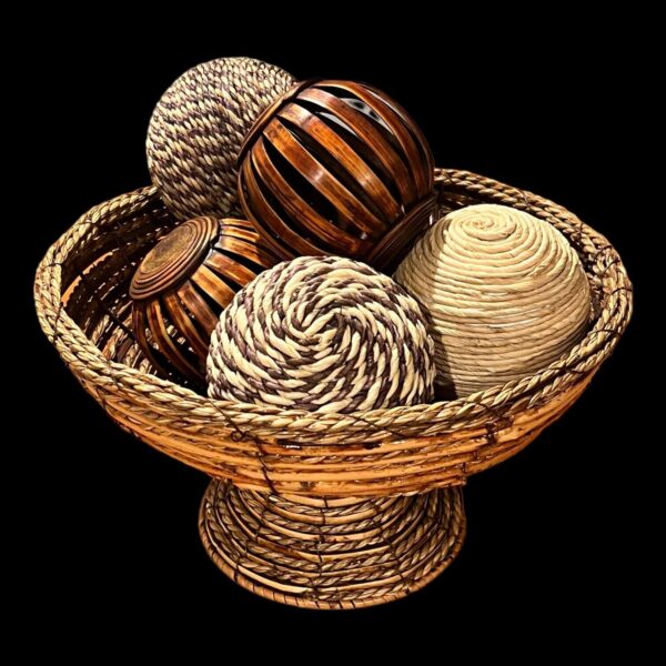 Wooden Boho Vintage Woven Basket With Set Of Six Decorating Wicker Rattan Balls - Image 5