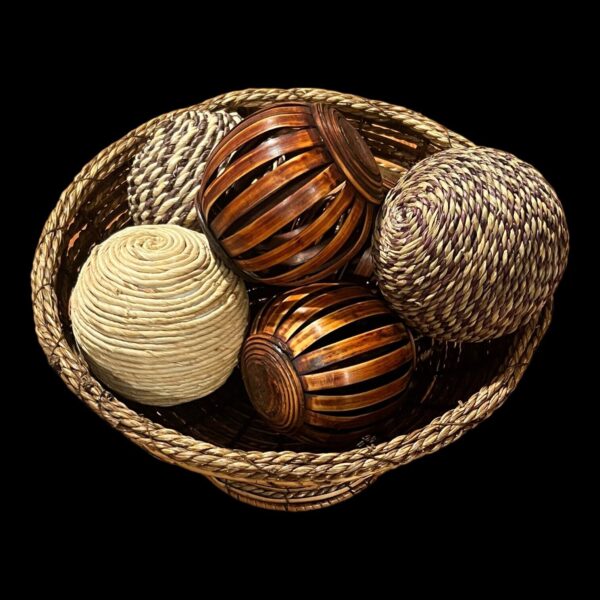 Wooden Boho Vintage Woven Basket With Set Of Six Decorating Wicker Rattan Balls - Image 6