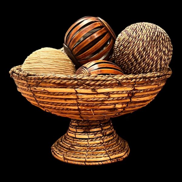 Wooden Boho Vintage Woven Basket With Set Of Six Decorating Wicker Rattan Balls