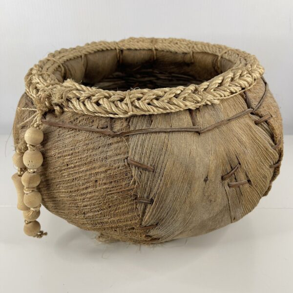 Woven Banana / Coconut Husk Basket Planter BOHO w Rope Trim & Wood Beads 14.5" - Image 3