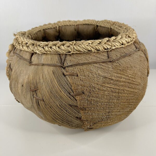 Woven Banana / Coconut Husk Basket Planter BOHO w Rope Trim & Wood Beads 14.5" - Image 4