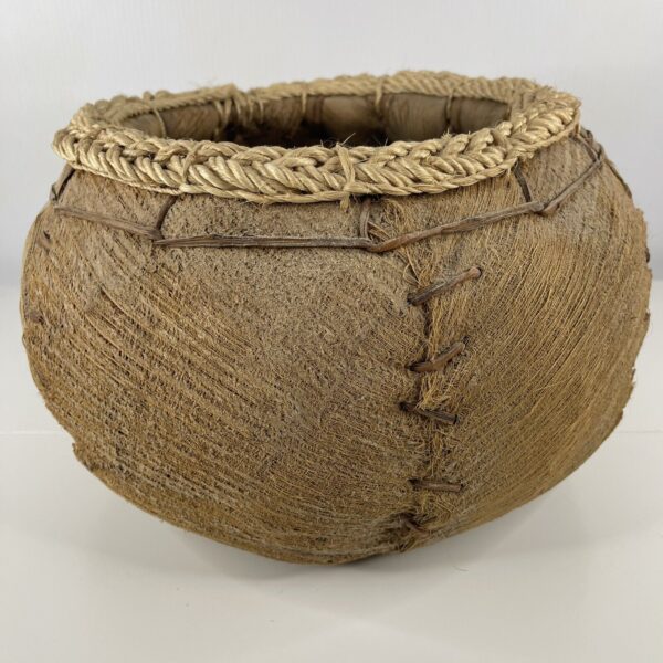 Woven Banana / Coconut Husk Basket Planter BOHO w Rope Trim & Wood Beads 14.5" - Image 5