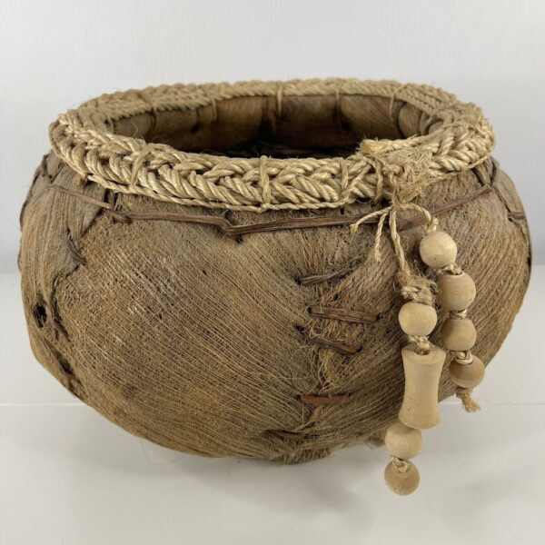 Woven Banana / Coconut Husk Basket Planter BOHO w Rope Trim & Wood Beads 14.5" - Image 2