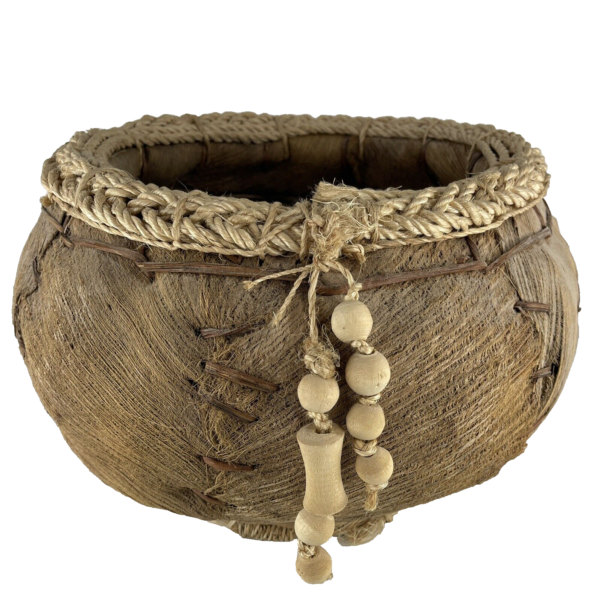 Woven Banana / Coconut Husk Basket Planter BOHO w Rope Trim & Wood Beads 14.5"