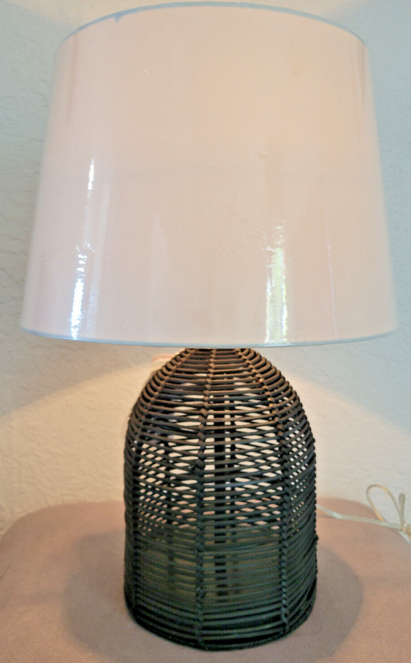 Woven Black Rattan Table Lamp, Rustic And White Shade Incandescent-22in - Image 3