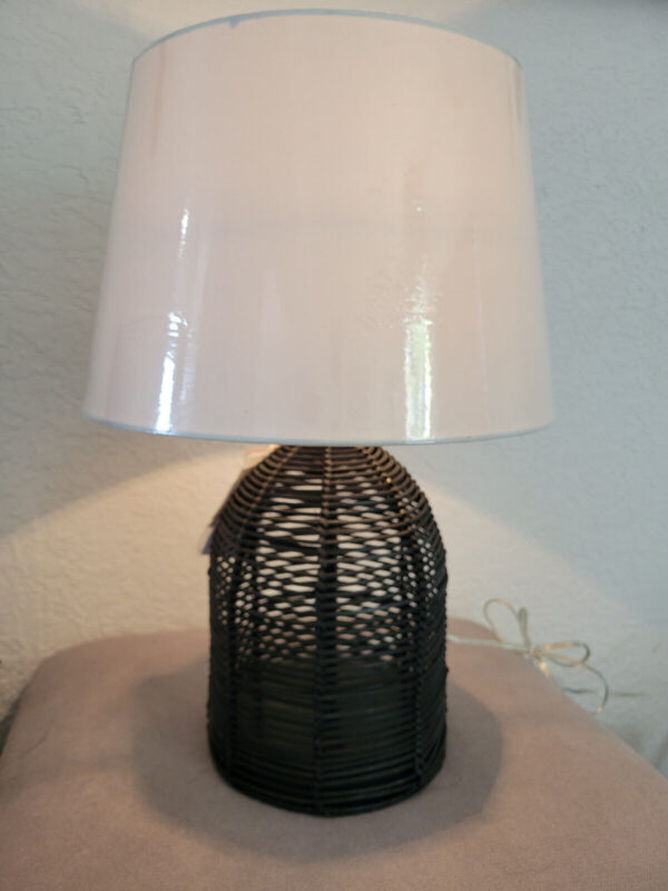 Woven Black Rattan Table Lamp, Rustic And White Shade Incandescent-22in - Image 4