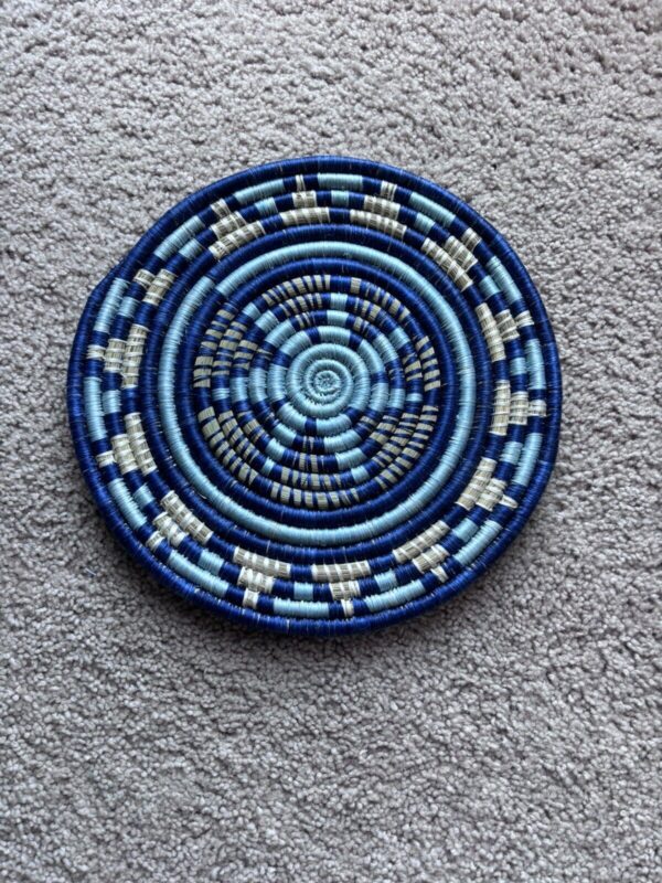 Woven Bowl Basket Wall Hanging Coil Spiral Geometric Boho Tribal Decor Blue 12”